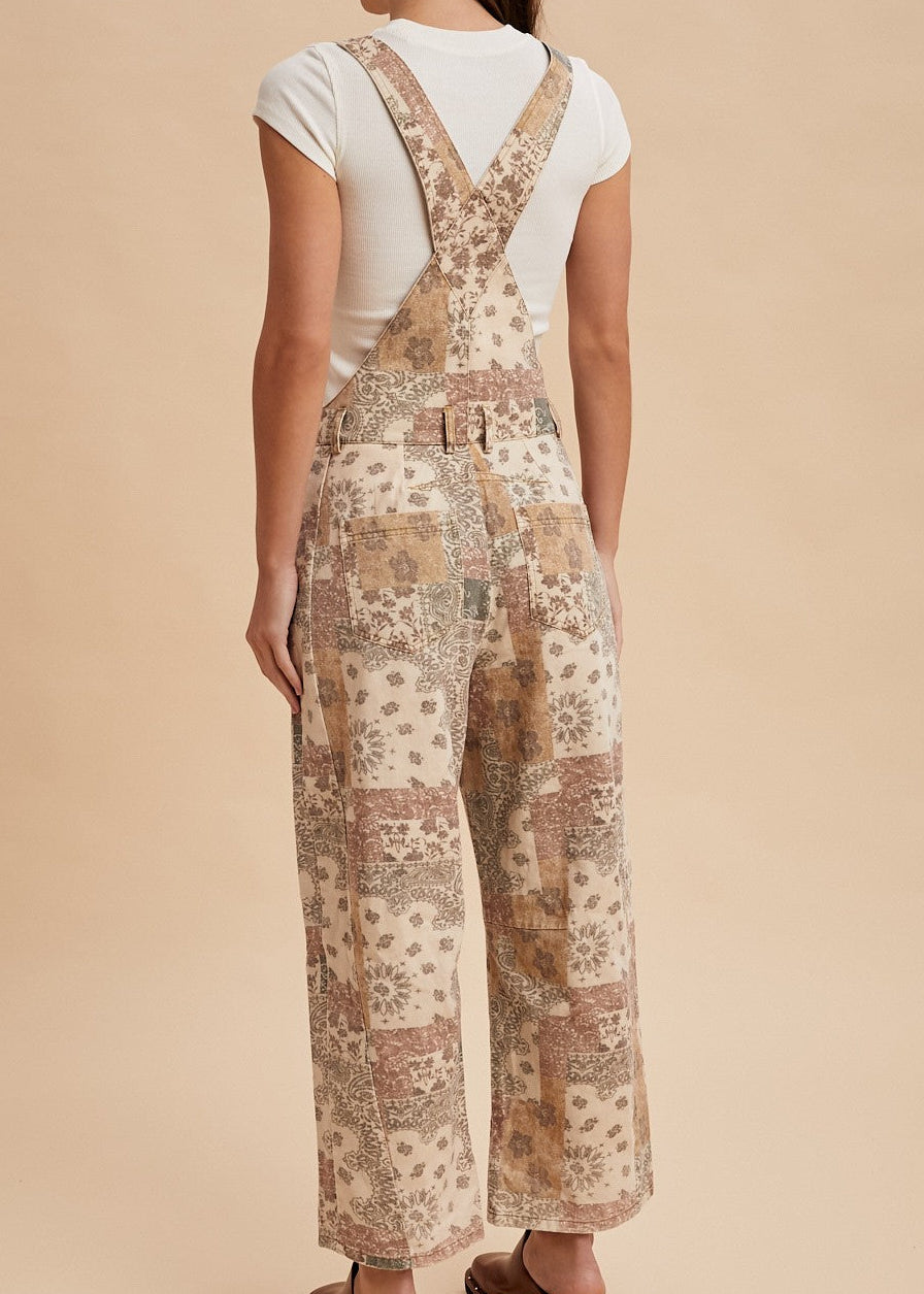 Vintage Boho Print Twill Denim Overall Jumpsuit