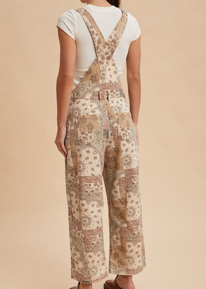 Vintage Boho Print Twill Denim Overall Jumpsuit