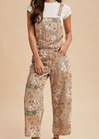 Vintage Boho Print Twill Denim Overall Jumpsuit