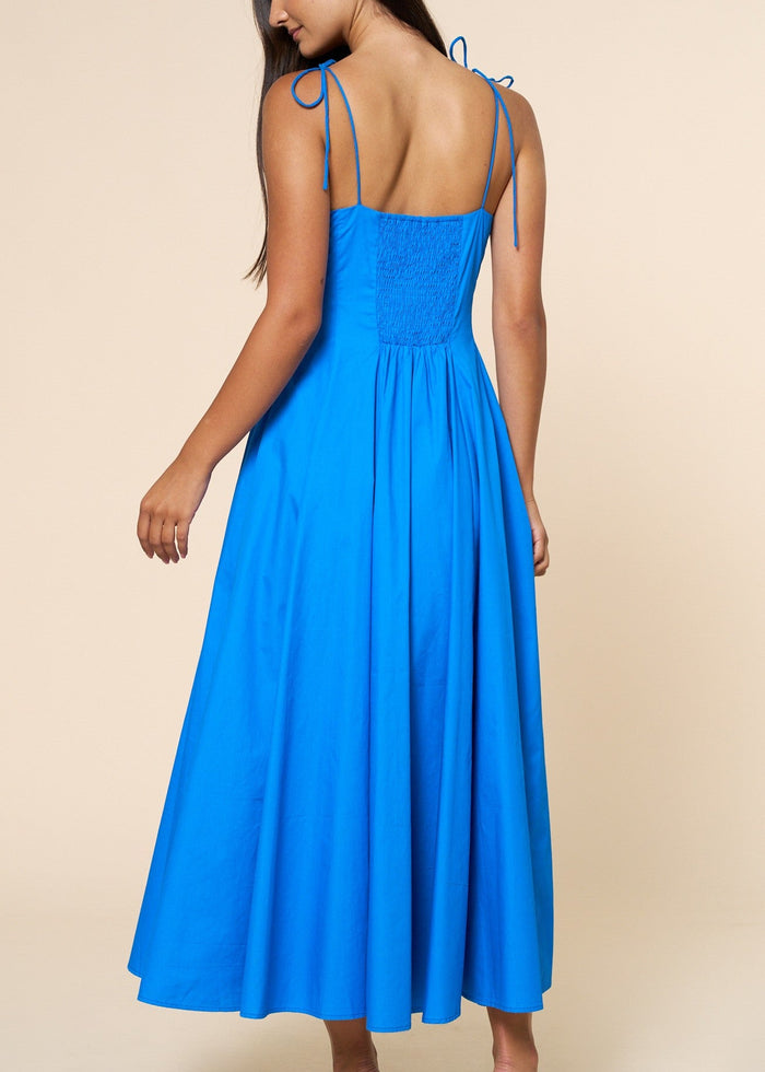 Cerulean Blue Fit & Flare Shoulder Tie Straps Maxi Dress