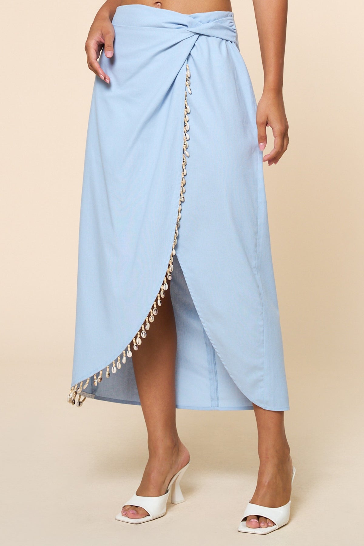 Shell & Beads Trim Warp Midi Skirt