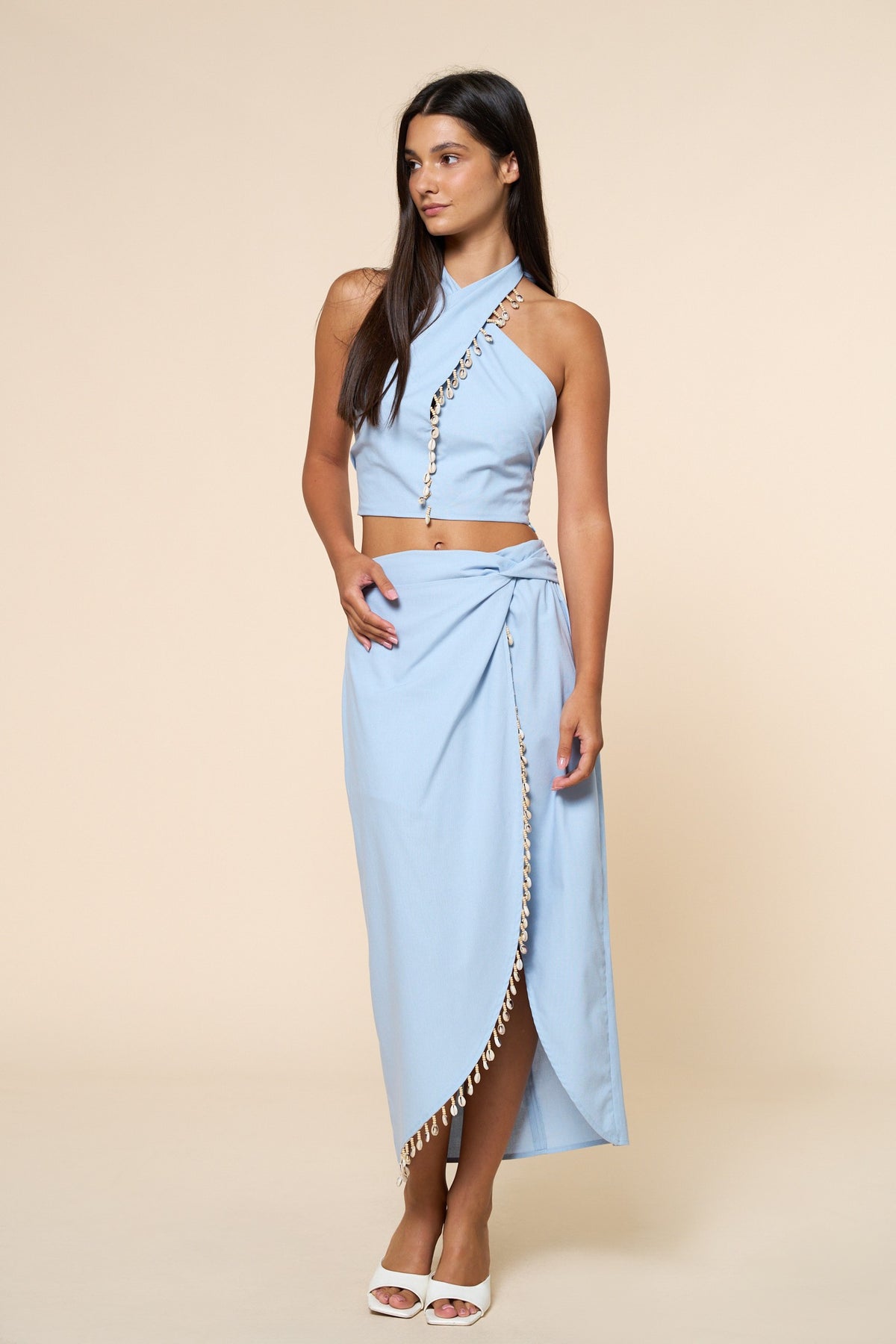 Shell & Beads Trim Warp Midi Skirt