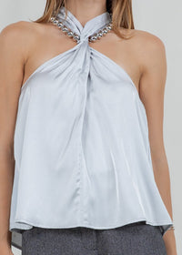 Satin Tank Top With Metallic Silver Beading Accent