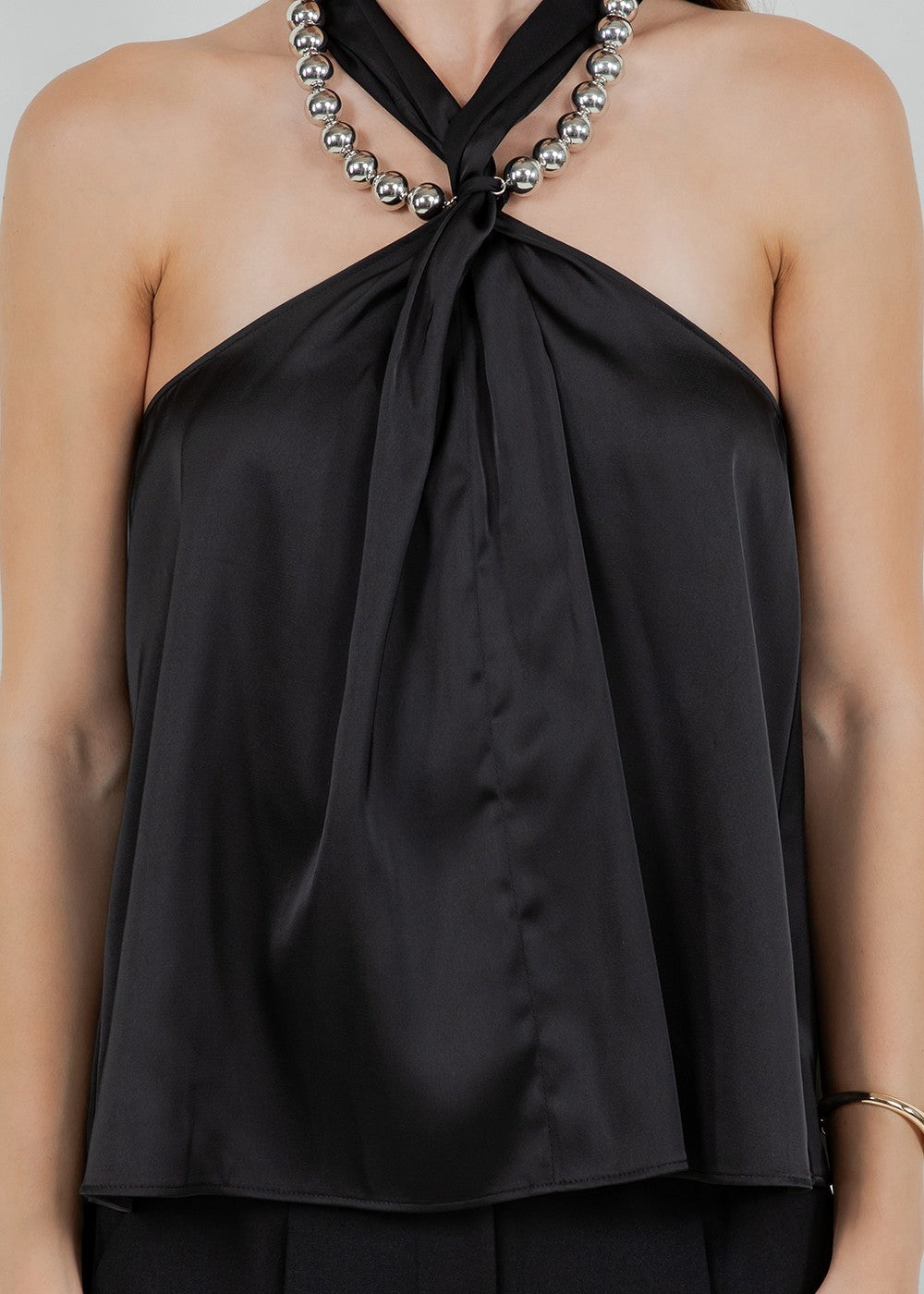 Satin Tank Top With Metallic Silver Beading Accent