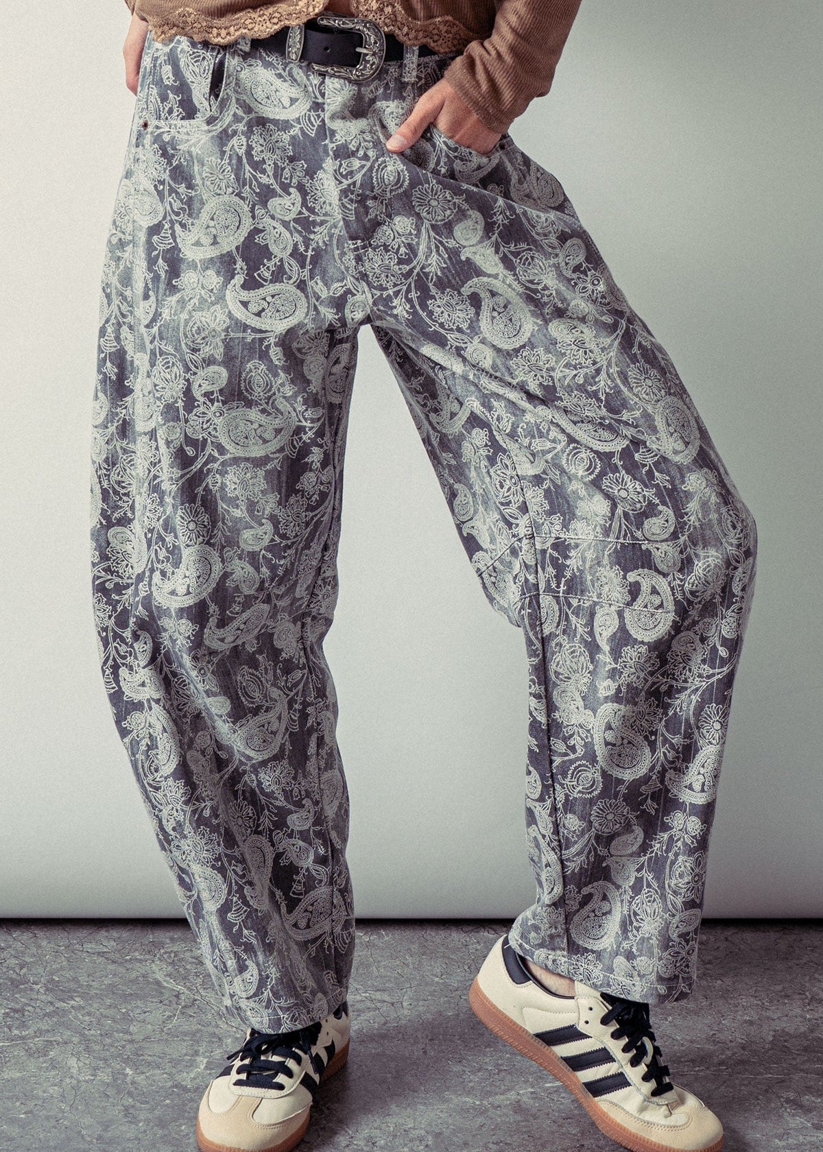 Grey Paisley Print Denim Wide Leg Barrel Pants