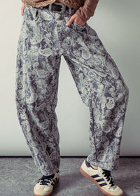 Grey Paisley Print Denim Wide Leg Barrel Pants