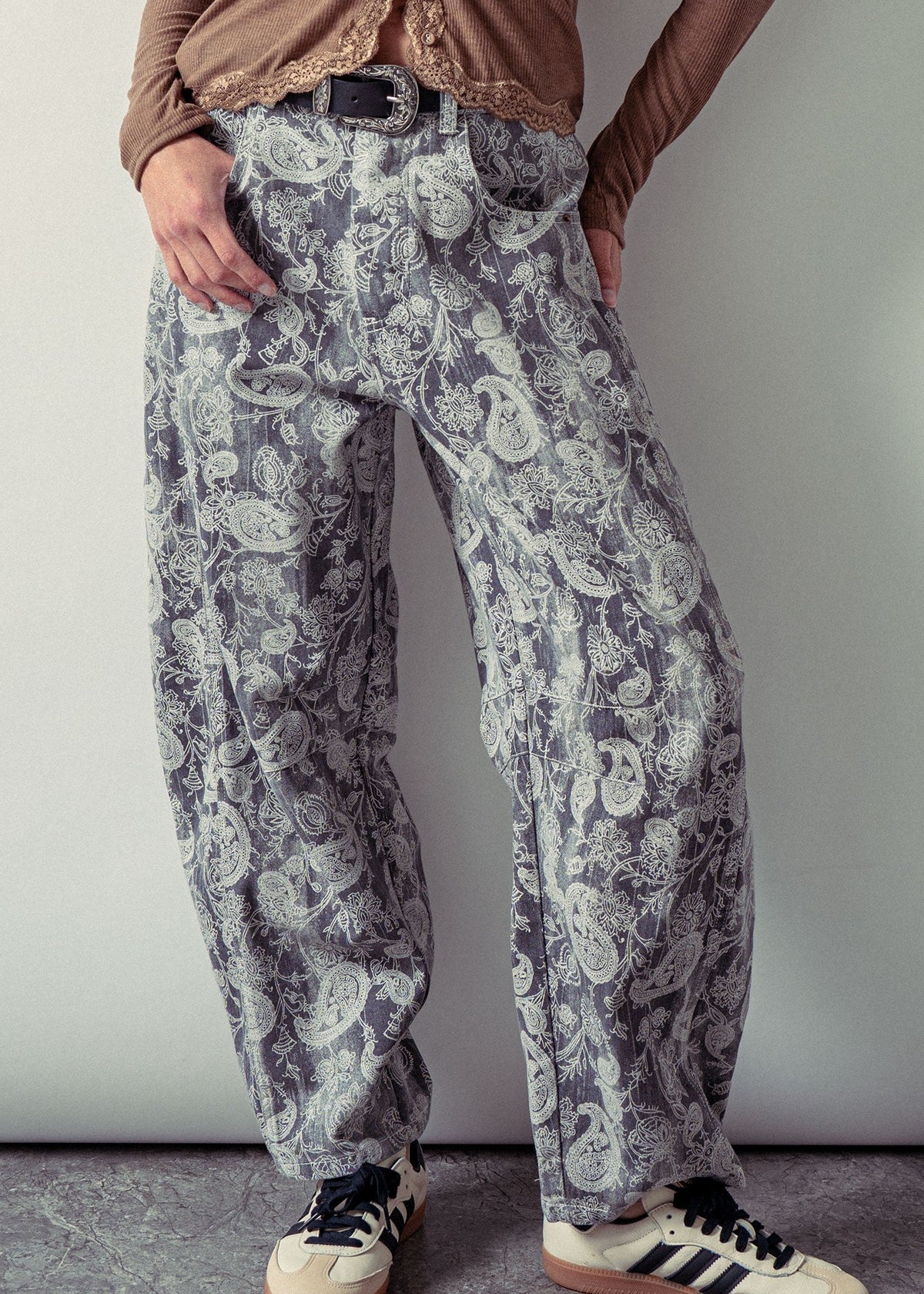 Grey Paisley Print Denim Wide Leg Barrel Pants