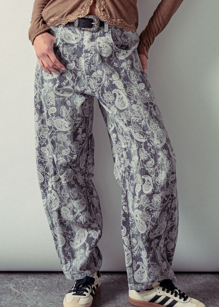 Grey Paisley Print Denim Wide Leg Barrel Pants