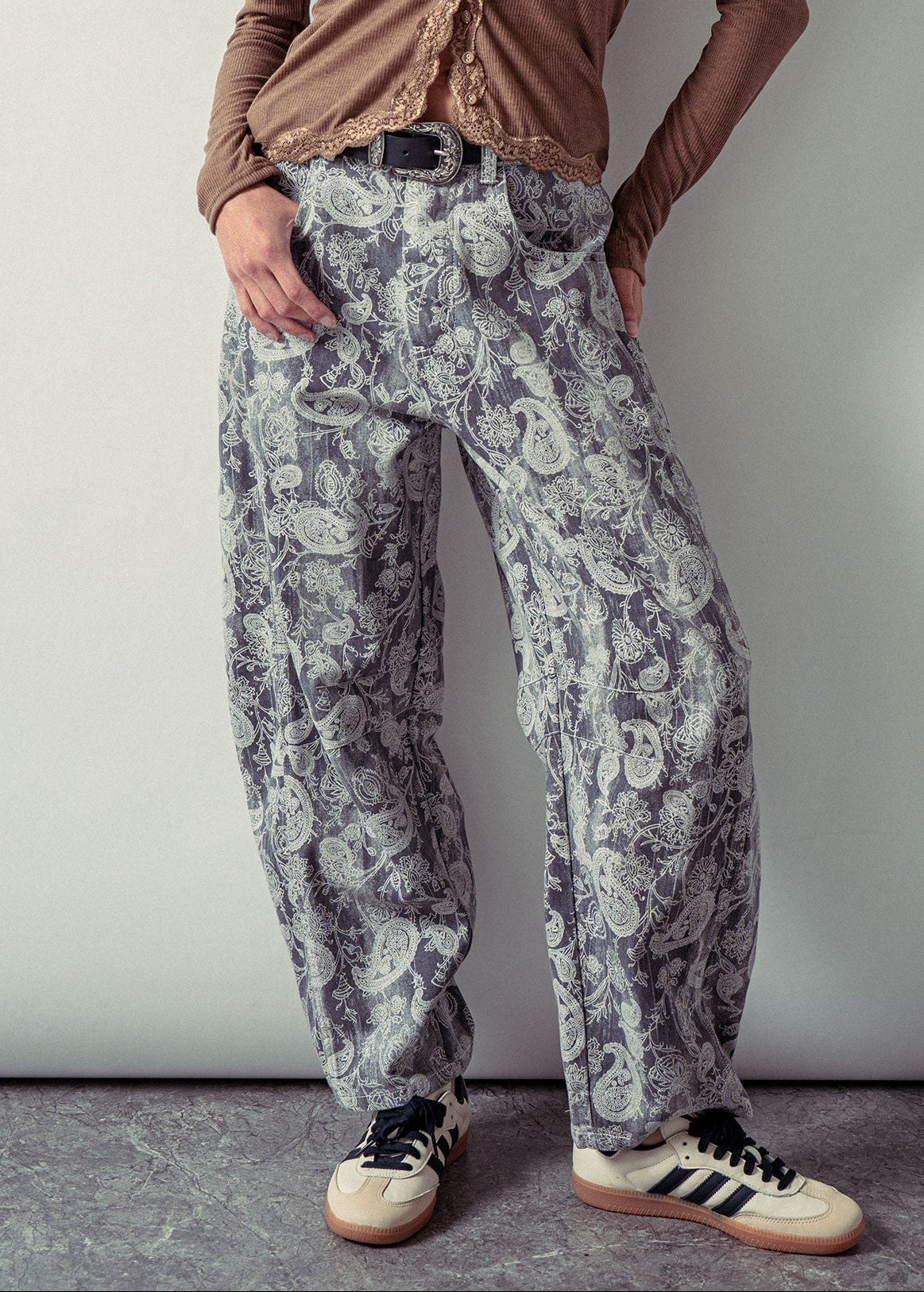 Grey Paisley Print Denim Wide Leg Barrel Pants