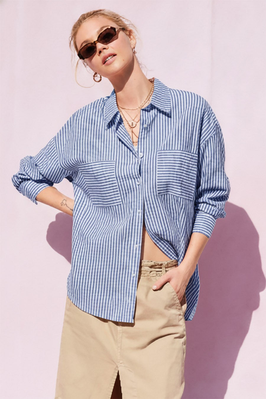 Blue & White Striped Oversized Button-Up Shirt