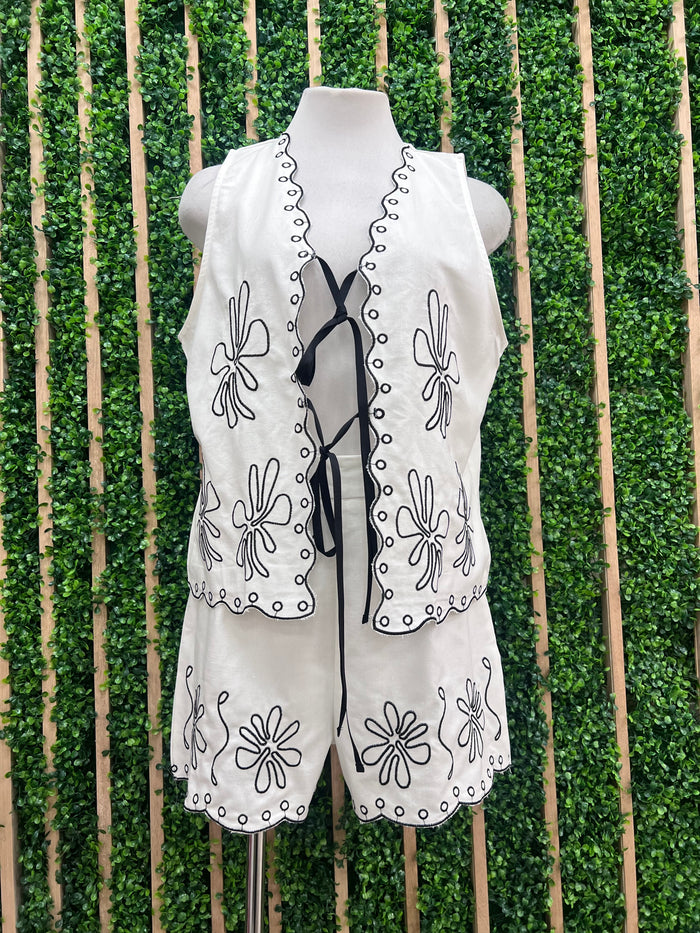 Beautiful Oatmeal Embroidered Short Vest set