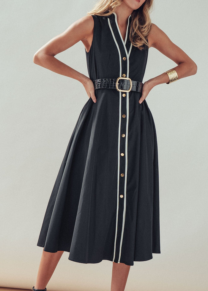 Black Contrast Trim Sleeveless Midi Dress