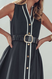 Black Contrast Trim Sleeveless Midi Dress