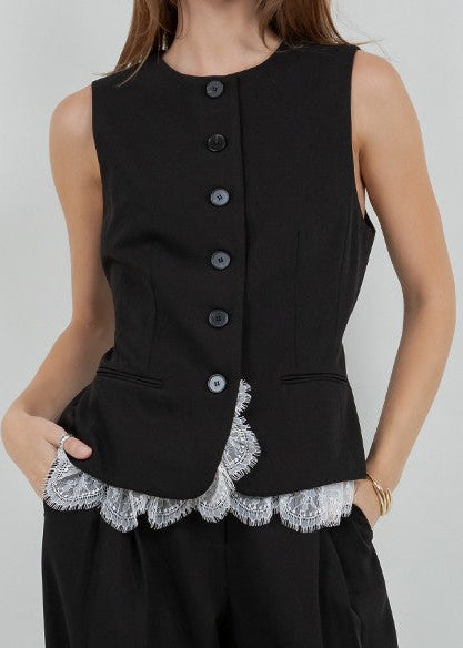 Black Soft Woven Structured Vest With Contrast Bottom Lace