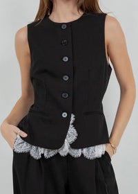 Black Soft Woven Structured Vest With Contrast Bottom Lace