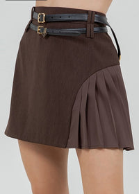 Brown Contrast Pleating Double Belt Loop Mini Skirt