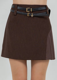 Brown Contrast Pleating Double Belt Loop Mini Skirt