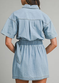 Denim Short Sleeve Collar Wrap Style Mini Dress