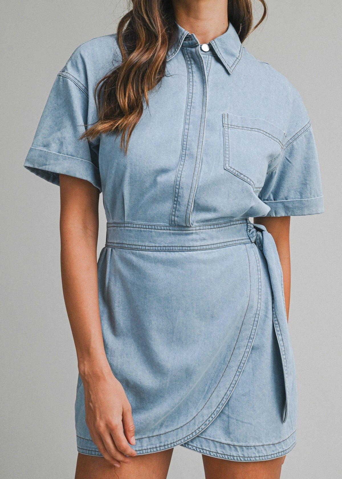 Denim Short Sleeve Collar Wrap Style Mini Dress