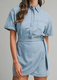 Denim Short Sleeve Collar Wrap Style Mini Dress
