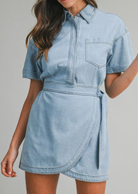 Denim Short Sleeve Collar Wrap Style Mini Dress