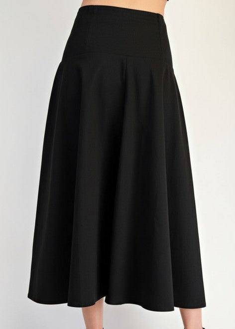 Black Side Button Detail Stretch Twill Hi-low Midi Skirt