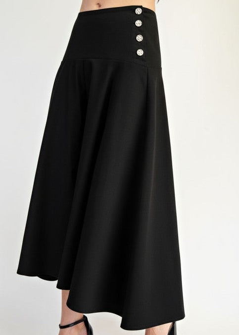 Black Side Button Detail Stretch Twill Hi-low Midi Skirt