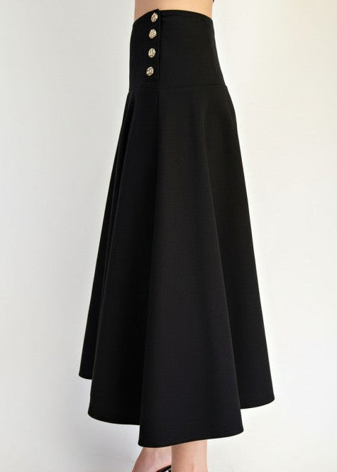 Black Side Button Detail Stretch Twill Hi-low Midi Skirt
