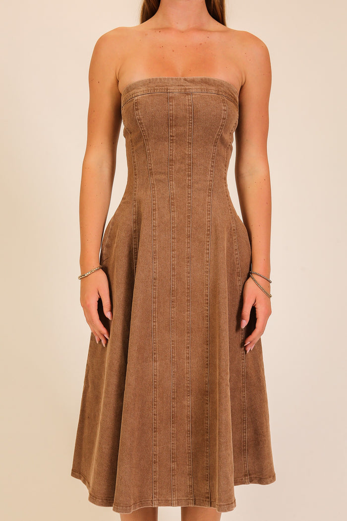 Chocolate Brown Strapless Denim Midi Dress