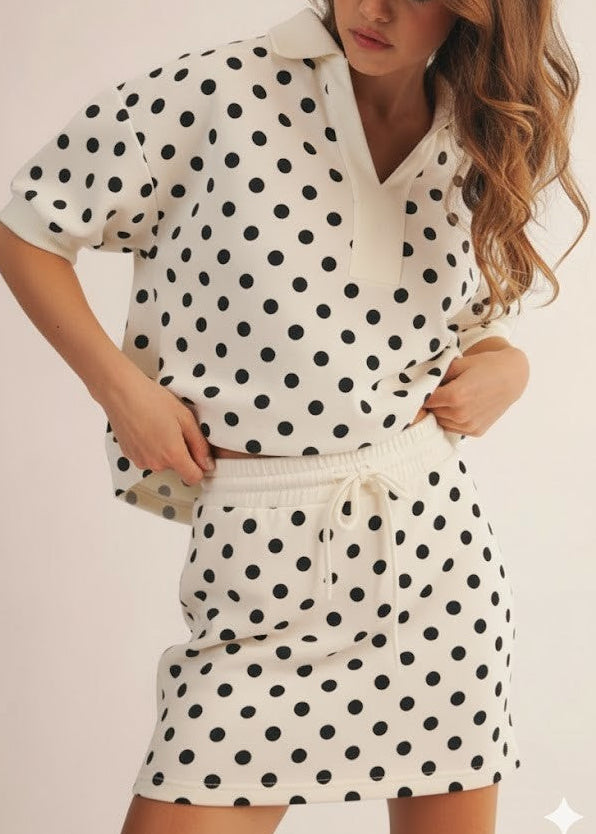 Ivory Black Polka Dot Collared Top And Short Skirt Set