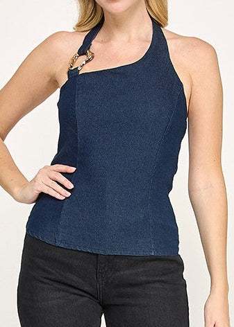 Buckle Detail Dark Denim Fitted Top