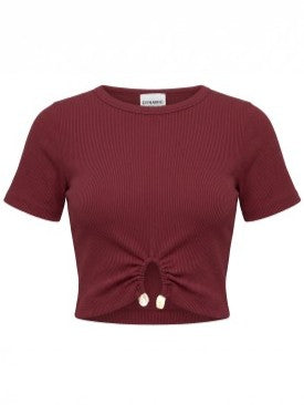Burgundy Ribbed Drawstring Basic Crop Top