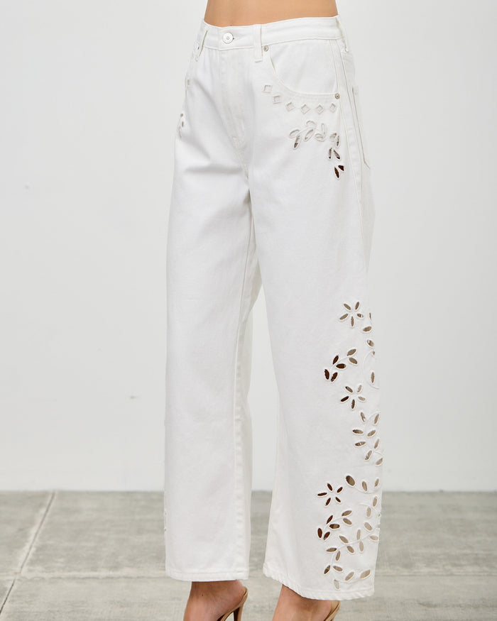 White Bloom Cutout Wide-Leg Barrel Jeans