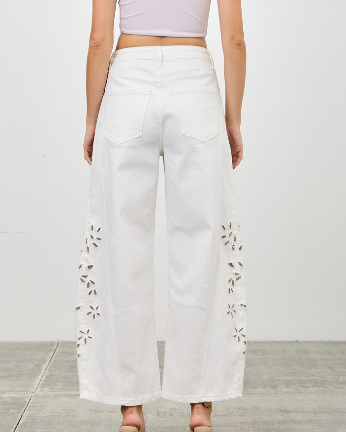 White Bloom Cutout Wide-Leg Barrel Jeans