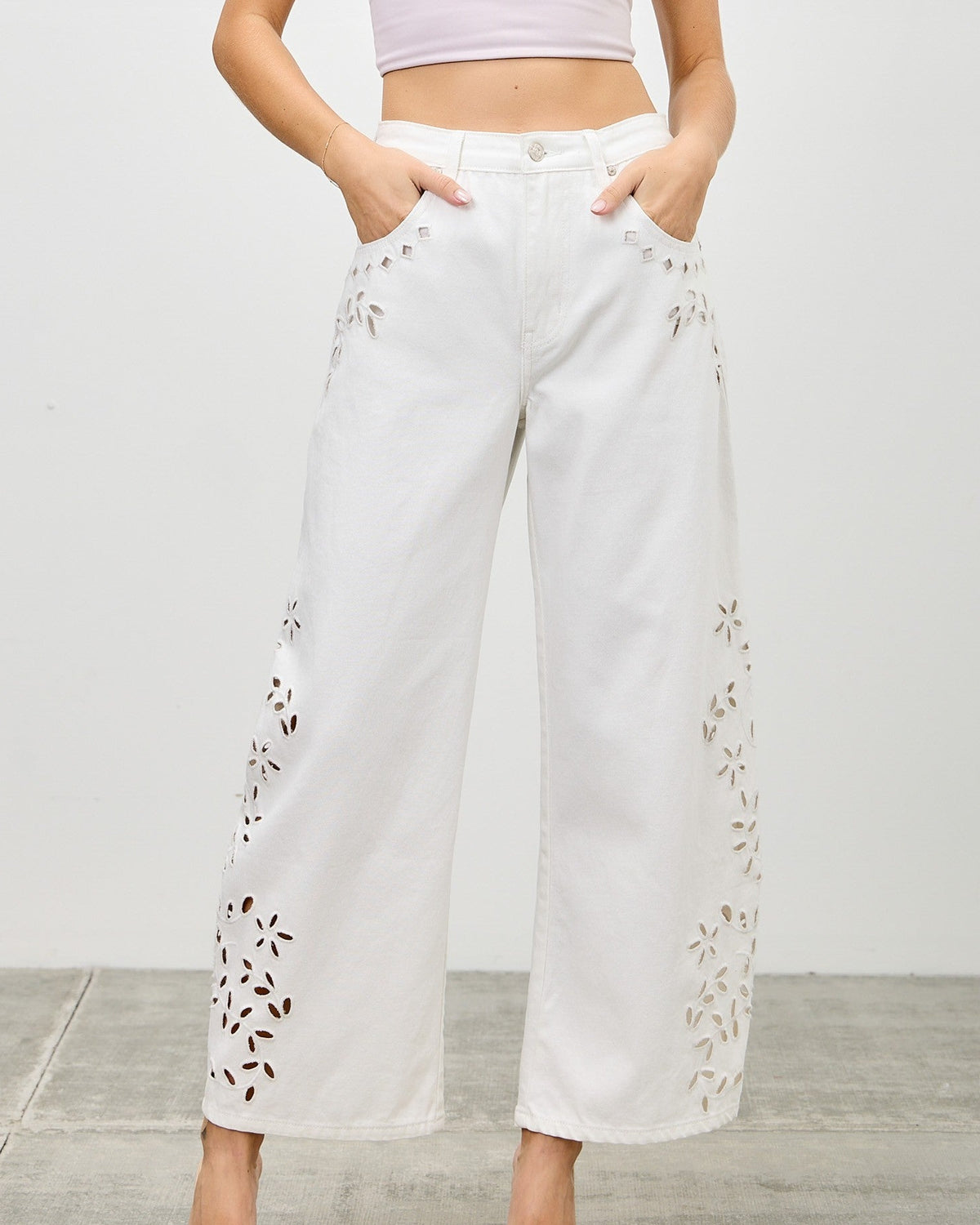 White Bloom Cutout Wide-Leg Barrel Jeans
