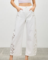 White Bloom Cutout Wide-Leg Barrel Jeans