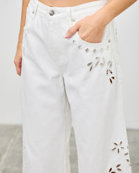 White Bloom Cutout Wide-Leg Barrel Jeans