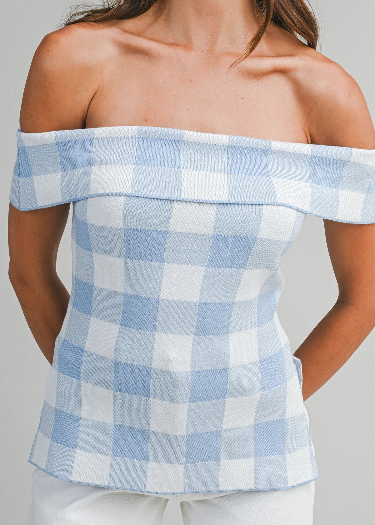 Gingham Plaid Off Shoulder Knit Top With Side Slit