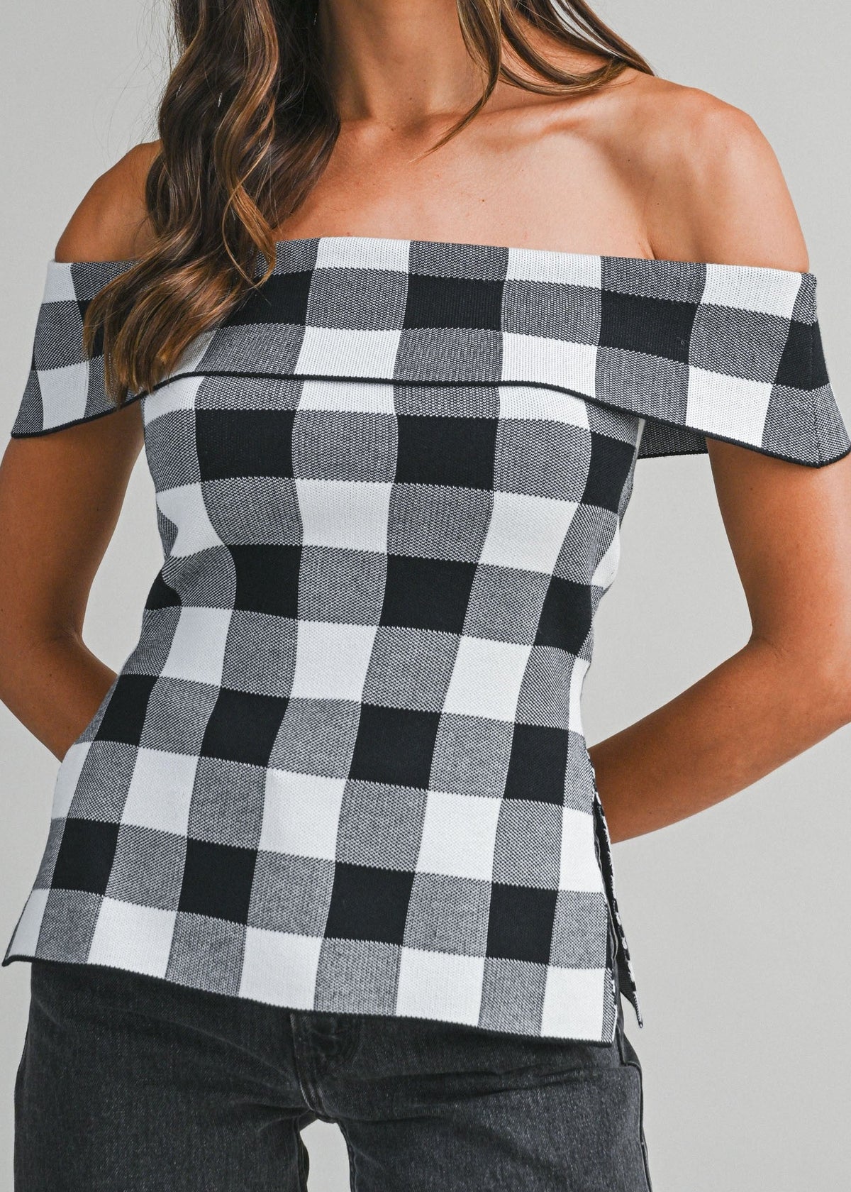 Gingham Plaid Off Shoulder Knit Top With Side Slit