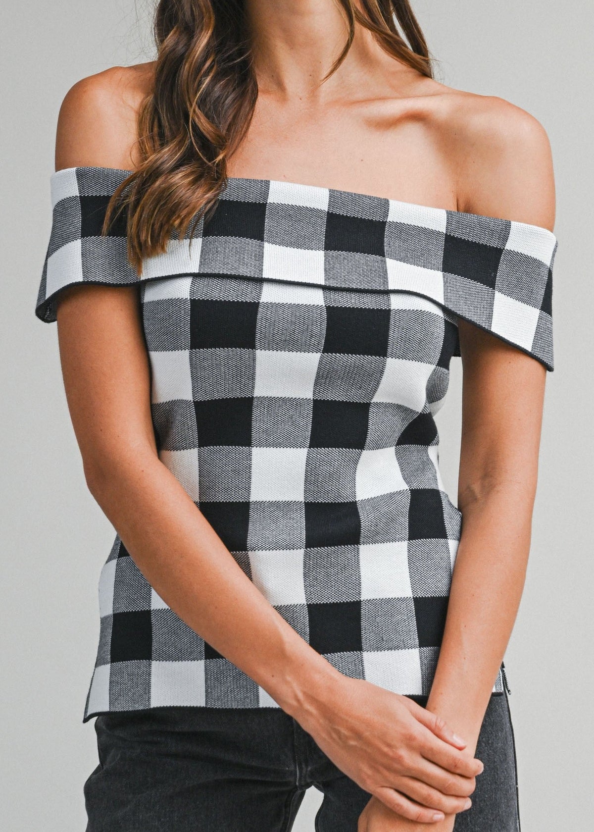 Gingham Plaid Off Shoulder Knit Top With Side Slit