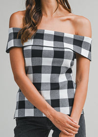 Gingham Plaid Off Shoulder Knit Top With Side Slit