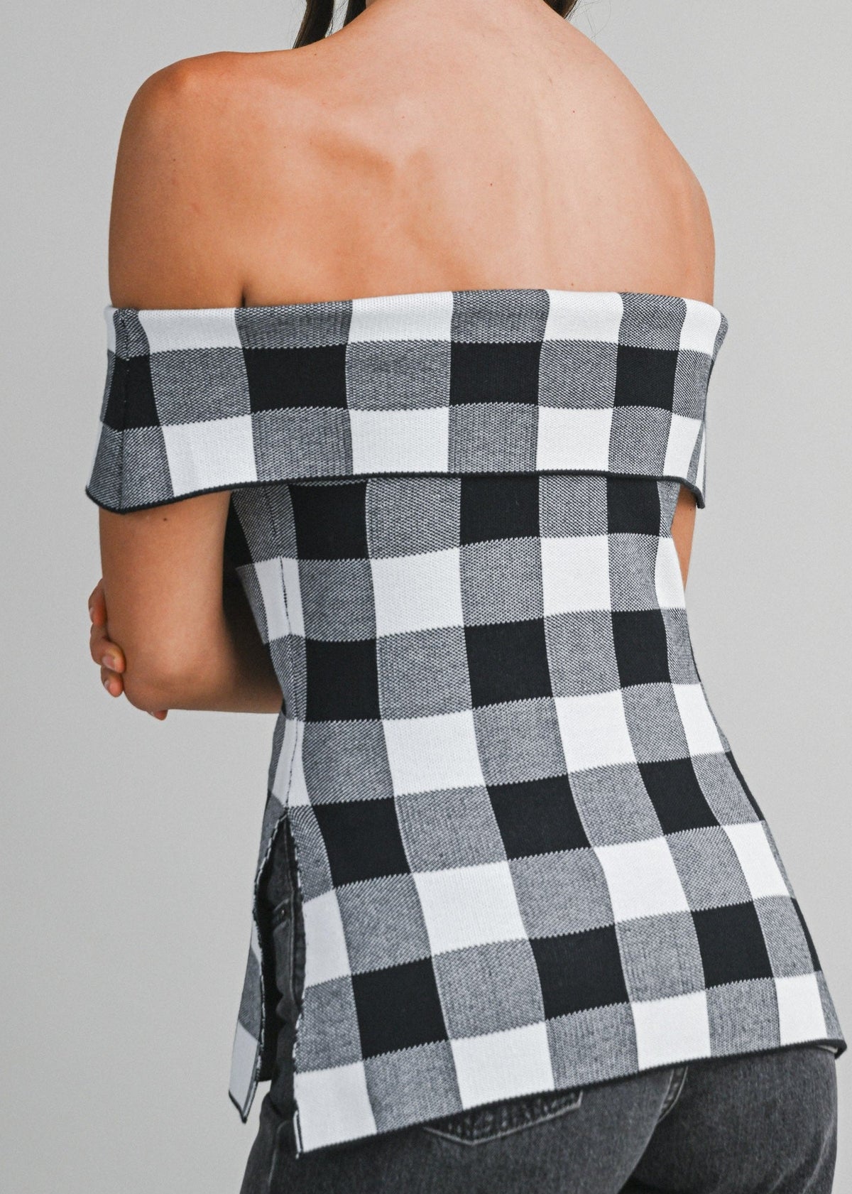 Gingham Plaid Off Shoulder Knit Top With Side Slit