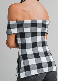 Gingham Plaid Off Shoulder Knit Top With Side Slit