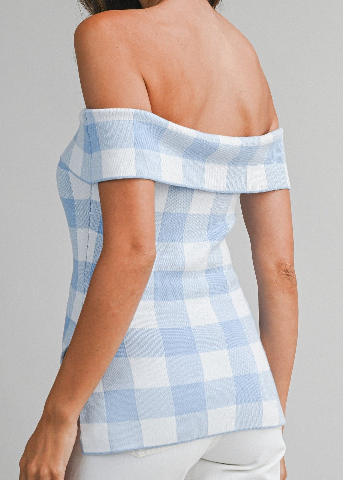 Gingham Plaid Off Shoulder Knit Top With Side Slit
