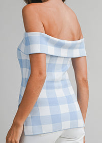 Gingham Plaid Off Shoulder Knit Top With Side Slit