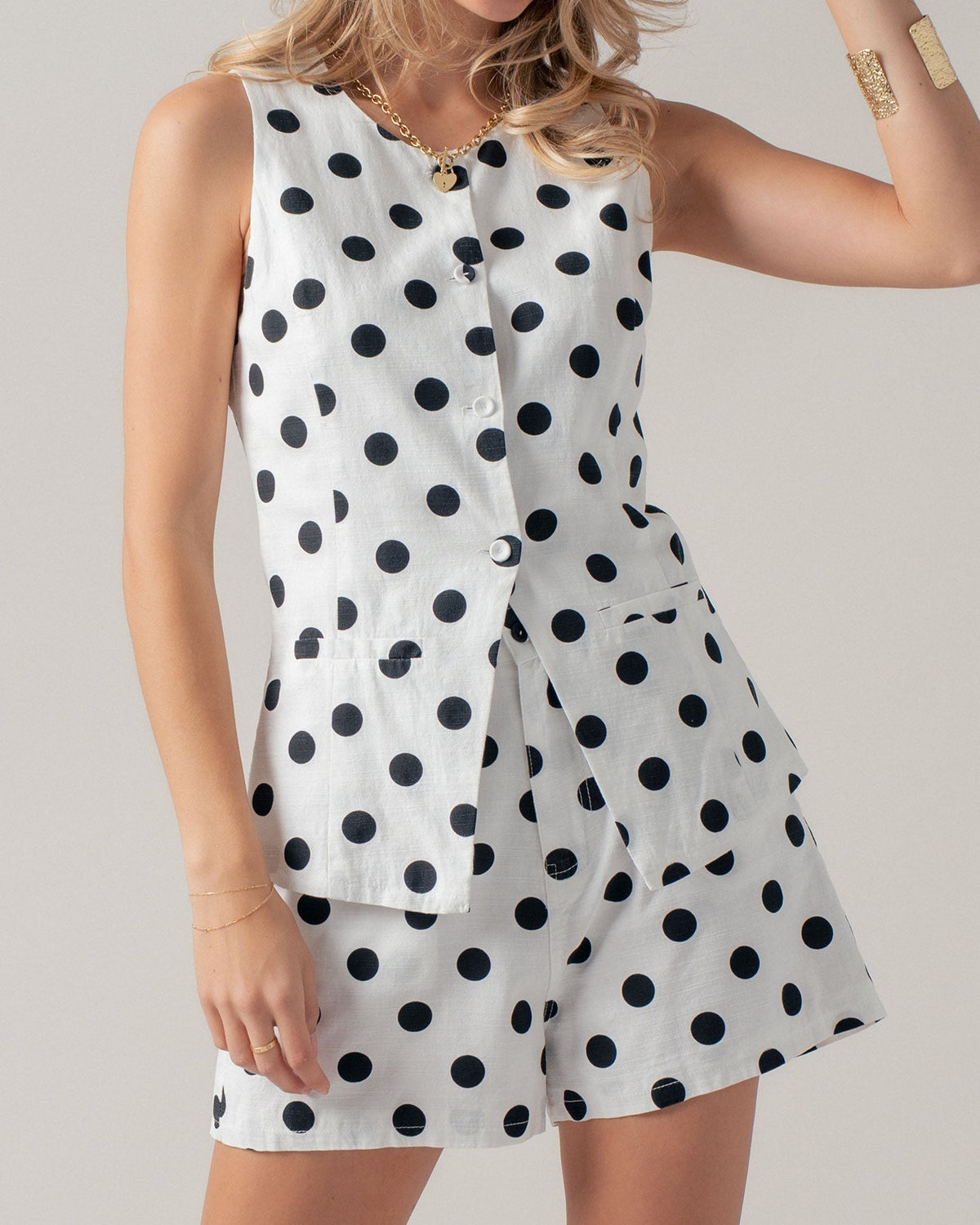 White Black Polka Dot Linen Short