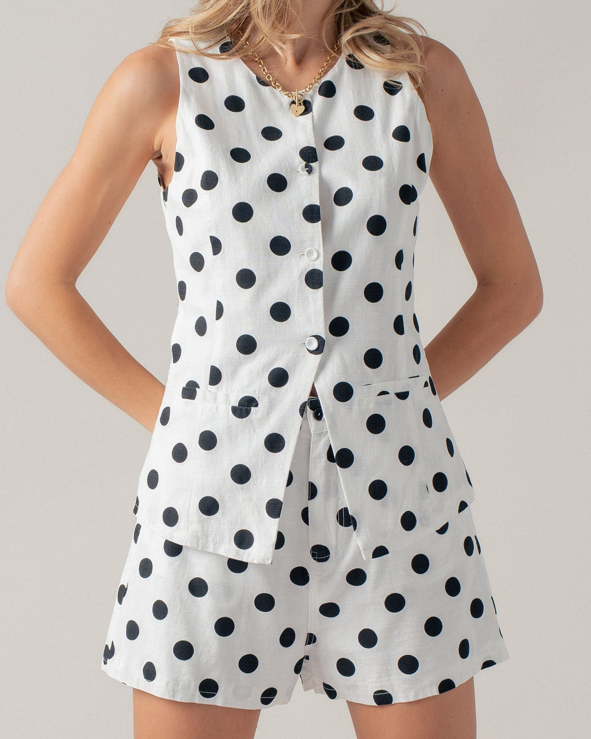 White Black Polka Dot Linen Short