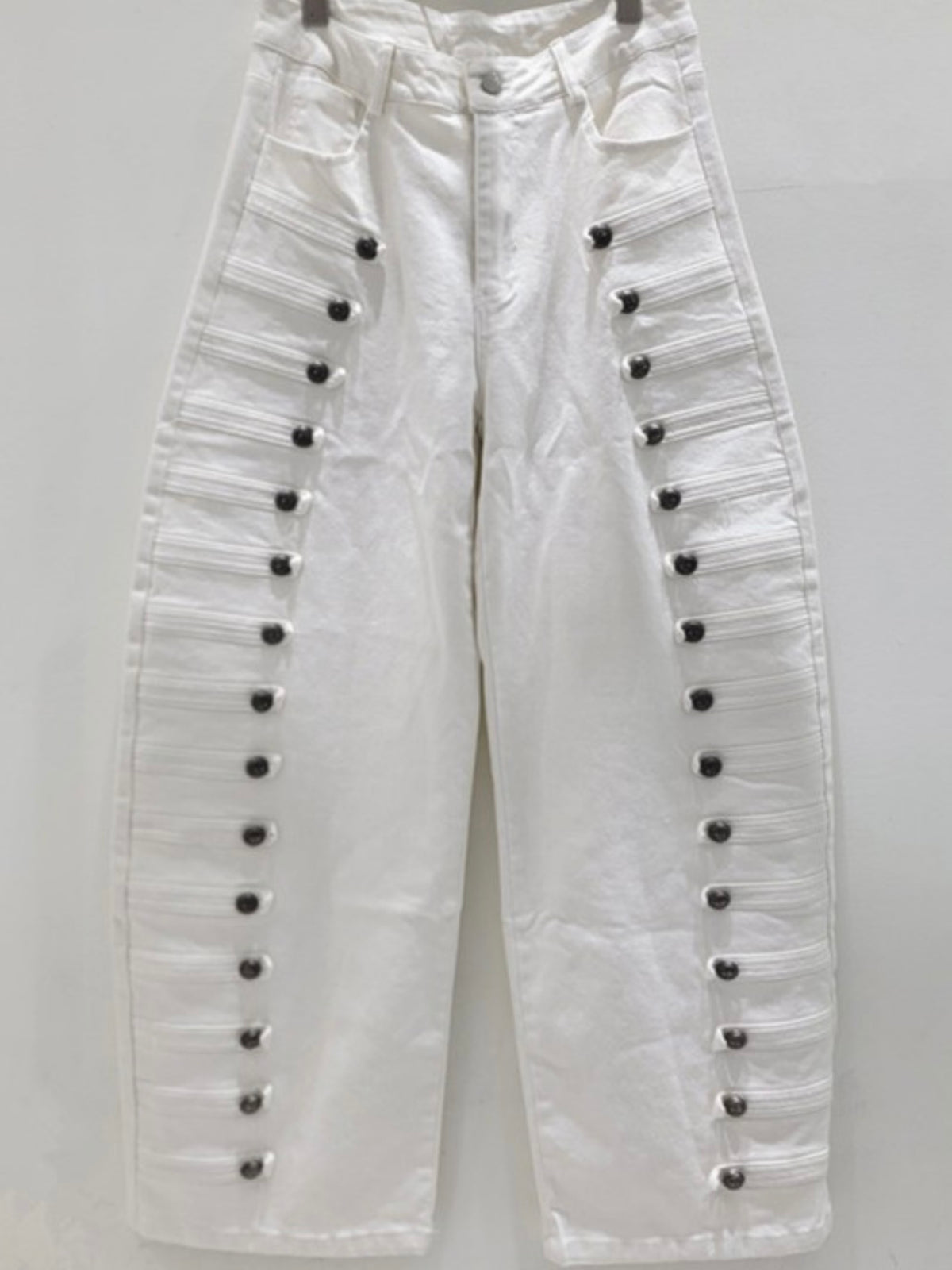White Statement Button Detail Napoleon Barrel Pants