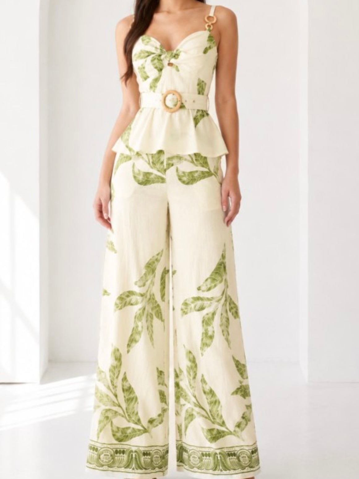 Ivory Green Tropical Palm Print Peplum Top