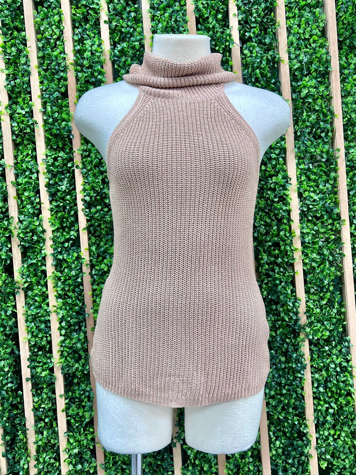 Taupe Metallic High Neck Knit Top